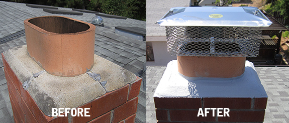 Chimney crown installation before and after. The before show a damaged crown and the after shows a brand new crown with an animal guard and a cap.